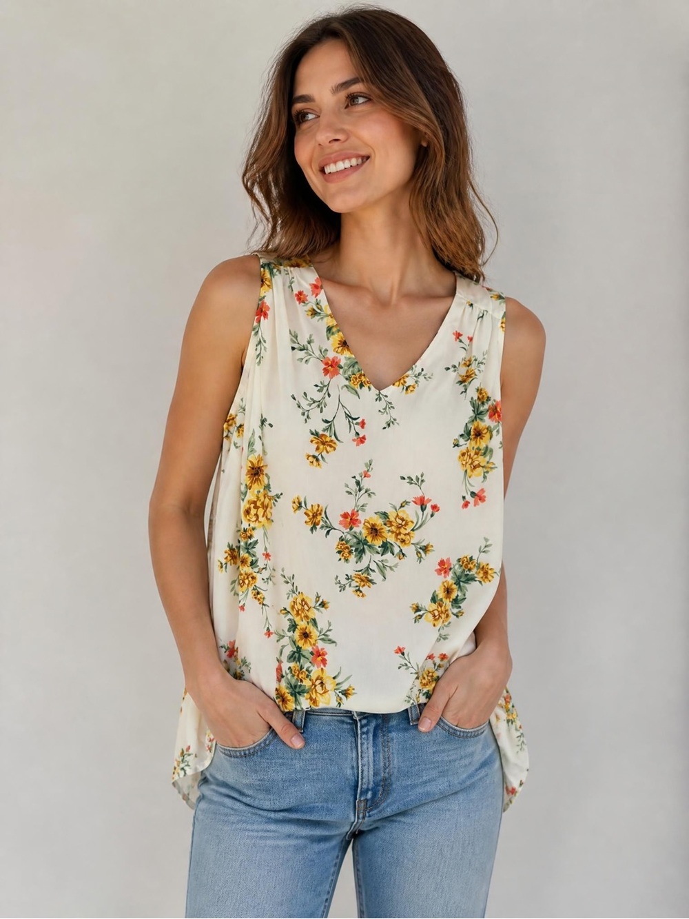 Sleeveless V-Neck Floral Tank Top - Cream with Yellow Flower Print